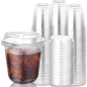 100 Pcs Plastic Coffee Cups with Sip Lids Disposable Cups, Disposable Strawless Plastic Cups for Smoothie, Cold Drinks, Coffee Shops, Party Catering(12 oz)