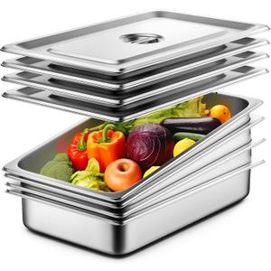 4 Pack Hotel Pans with Lids, 1/1 Size 4" Deep Steam Table Pans, Full Size Stainless Steel Food Pan 22 Gauge Anti Jam 20.8" L x 12.8" W Commercial Food Storage Containers