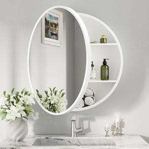 Keonjinn 24 Inch Round Bathroom Medicine Cabinet with Mirror, White Surface Mount Medicine Cabinet, Circular Framehouse Modern Medicine Cabinets, Framed Bathroom Mirror with Storage Wall Mounted