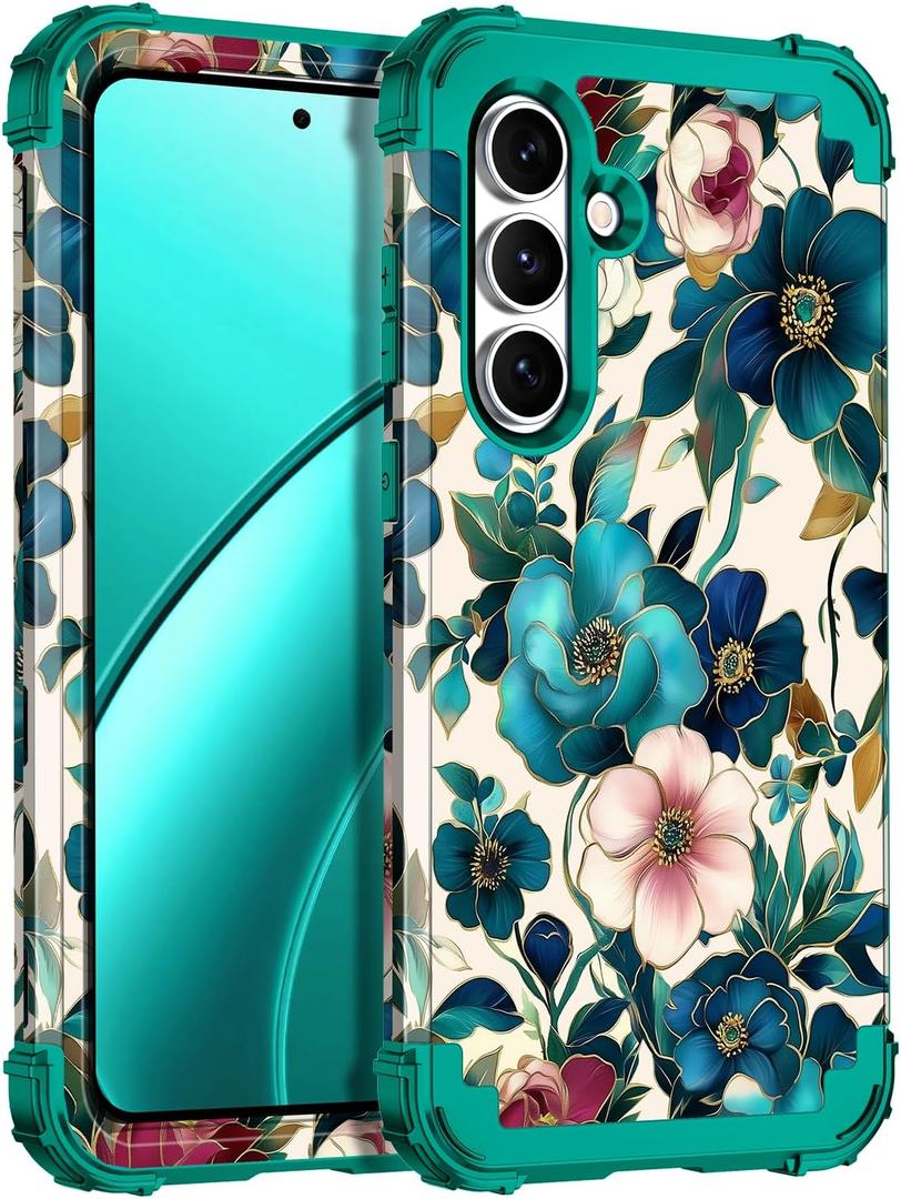 Hekodonk for Galaxy S25 FE Case,Three Layer Heavy Duty Shockproof Protection Hard Plastic+Soft Silicone Full Body Drop Protective Case for Samsung Galaxy S25 FE 6.7 inch,All Green Flower