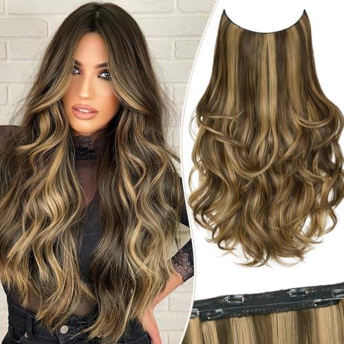 Layered Halo Hair Extensions with Invisible Wire Balayage Chocolate Brown Hair Extensions with Caramel Blonde Highlight (10H/26#) 20’’ Long Wavy Layered Synthetic Hair Extensions for Women