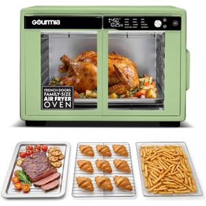 Gourmia French Door Air Fryer Oven - 37 Qt Large Capacity Convection Toaster Oven, FryForce 360°, Digital Display, 12 Cooking Presets, Dehydrate, Fits 13” Pizza, Dishwasher-Safe, Green