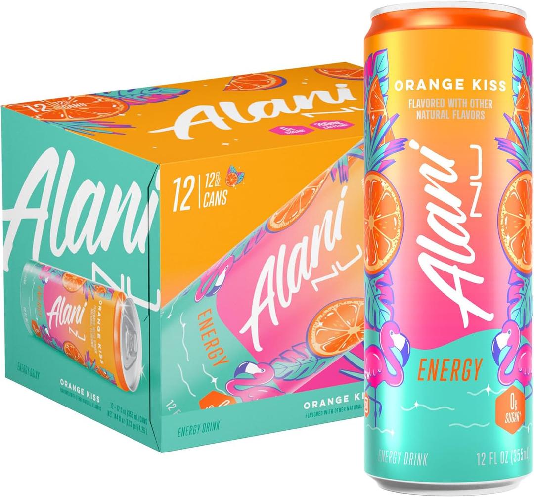 Alani Nu ORANGE KISS, Sugar Free, Low Calorie Energy Drinks, 200mg Caffeine, Biotin, B Vitamins, Zero Sugar, 10 Calories, 12 Fl Oz Cans, 12 Pack BB Date: 01/2028