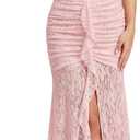 Womens Sexy Halter Tie Backless Sheer Floral Lace Patchwork Maxi Dress Ruched Ruffle Hilt Slit Wedding Prom Dress M