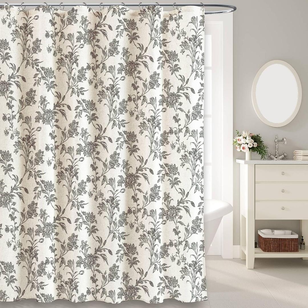 Black Shower Curtain Floral Cotton Linen Cottagecore Shower Curtain for Bathroom 72" W x 72" L