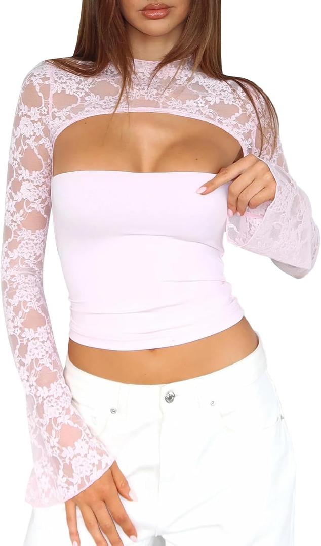 Women Lace Going Out Tops Sheer Y2k Long Sleeve Cutout Cute Tube Top and Shrug Set (Medium, A1 Pink)