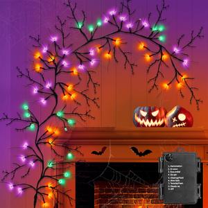 [ Timer & 8 Modes ] 6 Ft 54LED Halloween Willow Vine Twig Decor Branches Garland Decorations Orange  Purple  Green Lights -Battery Operated Garland for Indoor Wall Fireplace Halloween Decorations