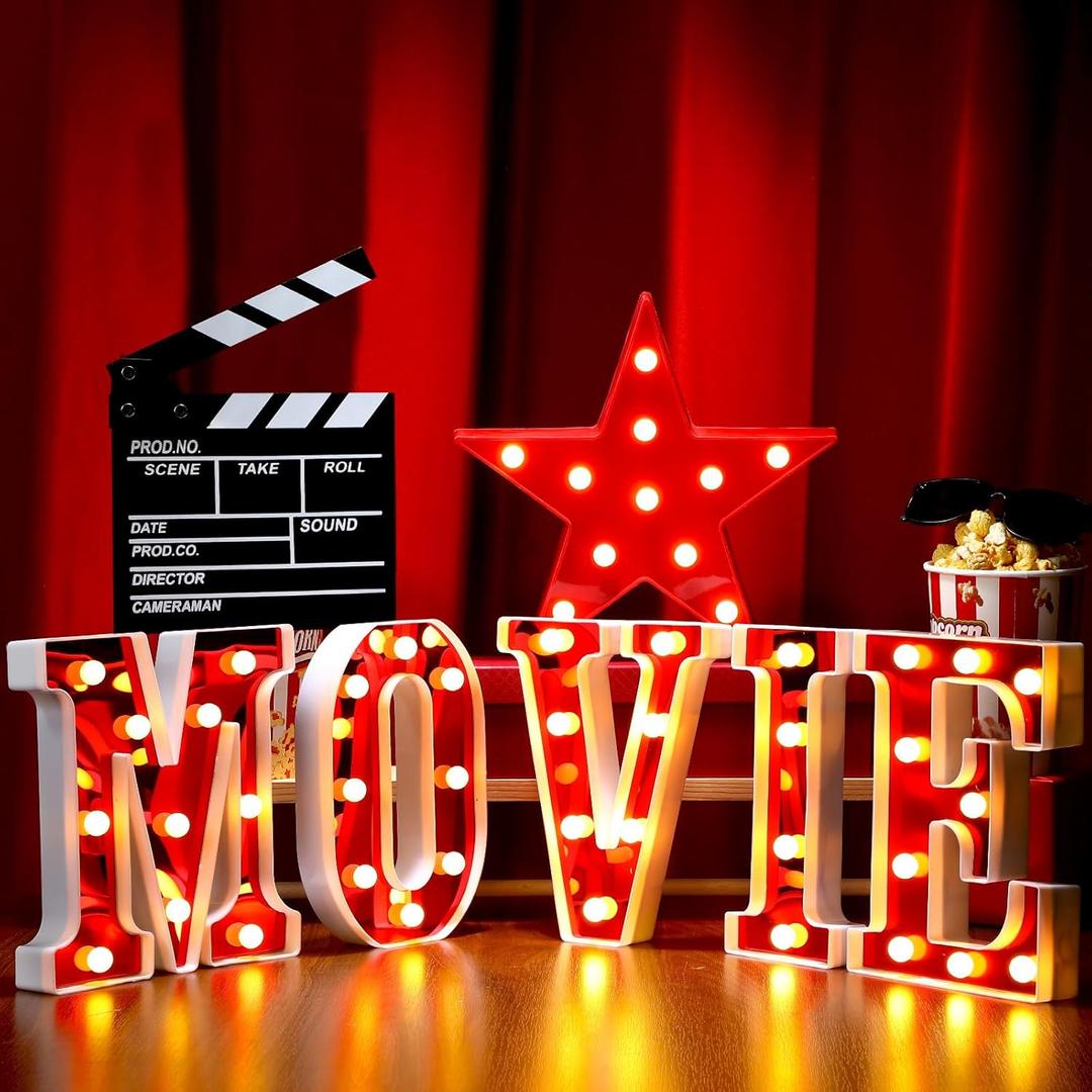 7 Pcs Large Movie Light up Letters Sign LED Movie Night Party Decorations Include Movie Letters Film Clap Board and Marquee Star Sign for Movie Night Party Table Centerpieces(10'' Height)