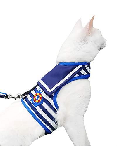 Yizhi Miaow Cat Harness and Leash for Walking Escape Proof, Adjustable Cat Vest Harness, Padded Stylish Cat Walking Jackets, Sailor Suit Navy, Extra XLarge