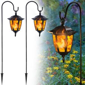 Dynaming 2 Pack Solar Flame Hanging Lights Outdoor, Halloween Solar Flickering Flame LED Garden Lanterns with 2 x 38 Inch Shepherd Hooks, Christmas Lighting for Lawn Patio Yard Pathway Driveway (Warm White)