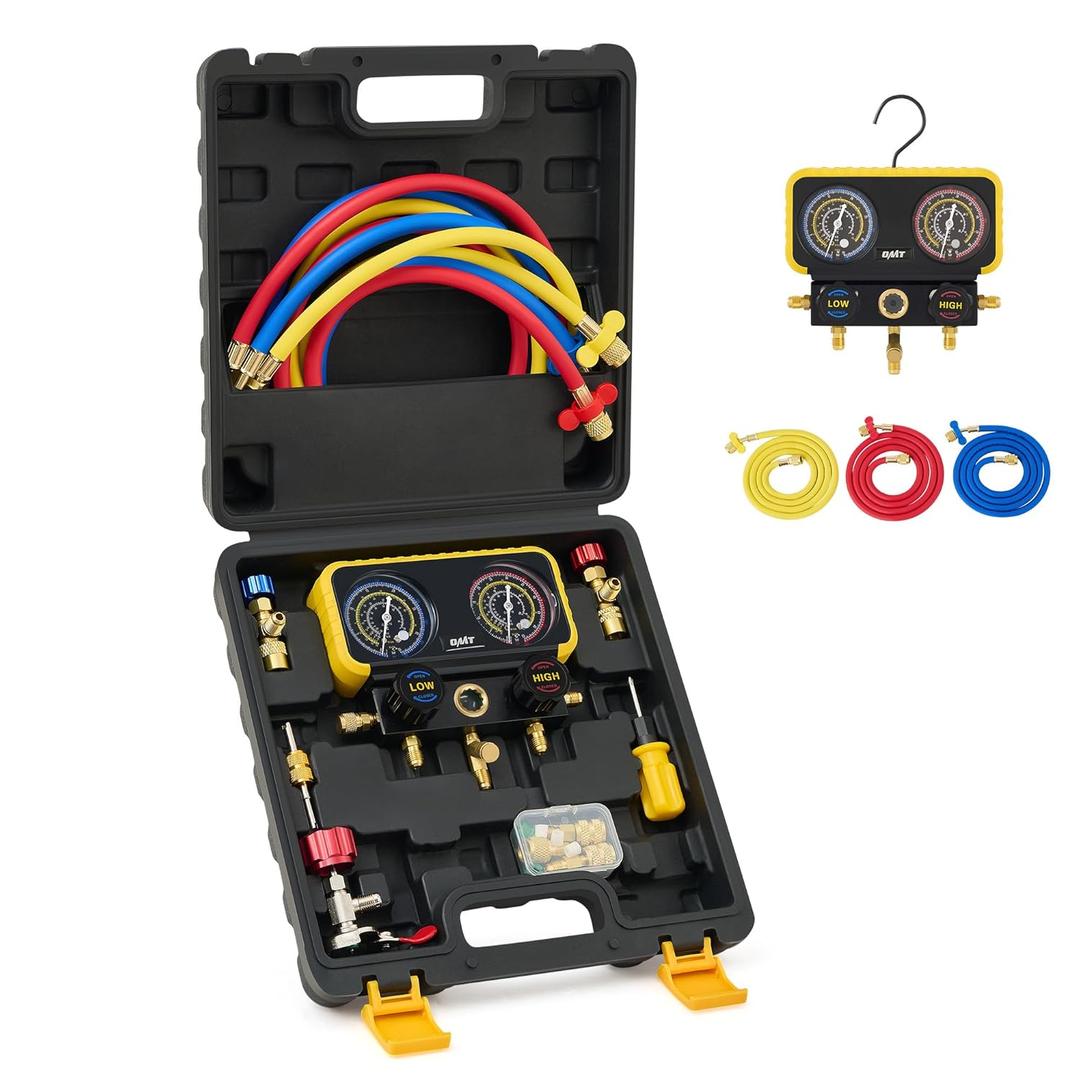 Orion Motor Tech R410a Gauges, AC Manifold Gauge Set for R22 R32 410A 134A Refrigerant, 3 Way AC Gauges R410a Manifold Set with R410a R22 Safety Valves, 3 Hoses, R410a Adapters, Universal Can Tap