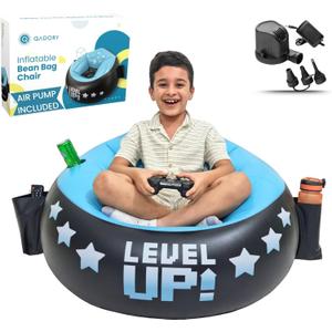 Inflatable Gaming Chair for Kids  Supports Up to 300 lbs, Includes Air Pump, Cup Holder, 2 Pockets  Durable Bean Bag Seat, Comfy Kids Gaming Chair & Top Gamer Chairs for Kid Room (Aqua)