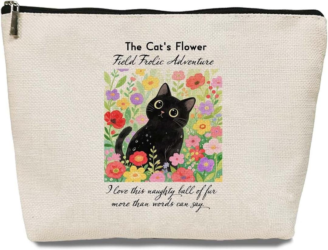 Cat Flower Field Makeup Bag, Cute Animal Stuff, Flower Field Cat Accessories, For Women Sister Girl Western Lovers Birthday Christmas Friendship Travel Toiletry Bag
