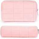 Makeup Bag Checkered Cosmetic Bag Plush Pink Makeup Pouch 1Pcs Large Capacity Makeup Bags and 1Pcs Makeup Brushes Storage Bag Travel Toiletry Bag Organizer