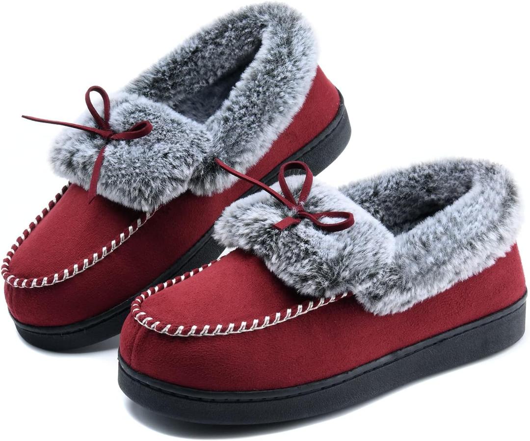DL Womens Fuzzy Warm Moccasin Slippers Memory Foam, Soft Fluffy Women's Winter House Slipper Closed Back Fur Lined, Cozy Ladies Suede Indoor Bedroom Houseshoes Non-Slip (8, Burgundy)
