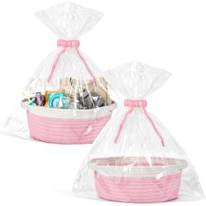 2 Pack Small Woven Basket with Gift Bags and Ribbons, Empty Decorative Gift Chest Box, Cute Baby Gift Basket for Nursery, Cotton Rope Room Shelf Storage Basket with Handles, All 12"x 8"x 5", Pink