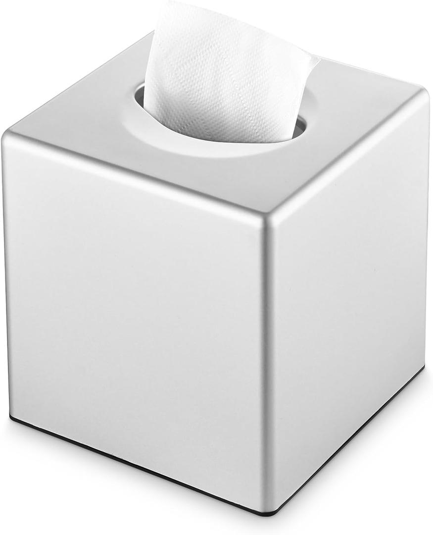 Y-in Hand Tissue Box Cover, Square Facial Tissue Holder Storage for Bathroom Vanity, Countertops, Dressers, Night Stand, Parlors and Offices - Silver
