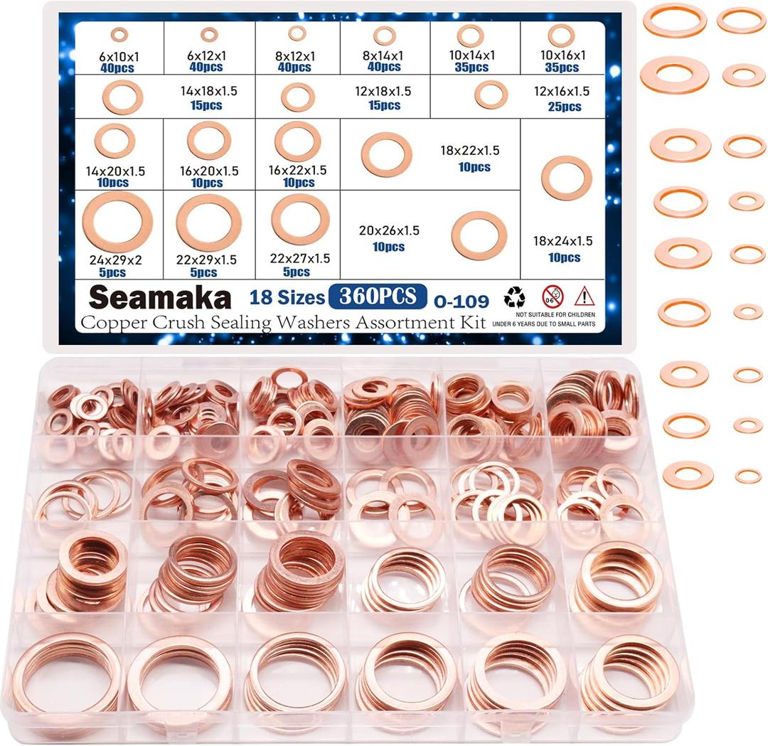 360PCS Crush Washer Oil Drain Plug,18 Sizes Copper Crush Washers Assortment Kit,Automotive Oil Pan Drain Plug Gasket M6 M8 M10 M12 M14 M16 M18 M20 M22 M24