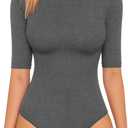 MANGOPOP Women's Half Sleeve Crew Neck Bodysuit 3/4 Sleeve Body Suit Slim Fit Going Out Tops (Dark Heather Grey), Size S/P