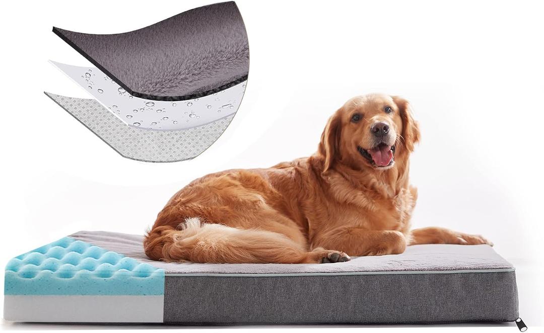 Extra Large Orthopedic Dog Bed Memory Foam Dog Beds with Plush Removable Washable Cover,Cooling Gel-Egg Crate Dog Crate Bed with Waterproof Lining,XXL-50 inch