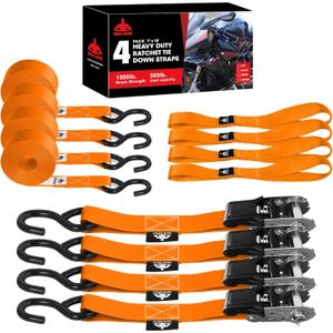 Jack Boss Ratchet Tie Down Straps Set,1500 lbs Break Strength,1" x 15' Heavy Duty Ratchet Straps with 4X Soft Loops Padded Handles Coated S Hook, Fits for Moving Appliances Motorcycle ATV Truck,Orange