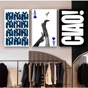 3 Pcs Blue and White Canvas Wall Art Modern Fashion Ciao Pictures Blue And Black Poster Print Wall Decor for Bedroom Bathroom Living Room 16 * 24In (Stretched Canvas On A Wooden Frame)