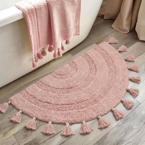 Half Circle Boho Rug with Tassels for Bedroom Extra Soft Cotton Blush Pink Bath Rugs Beautiful Handcrafted Crochet Boho Bathroom Rugs Non-Slip Absorbent Washable Cute Bath Mat for Bathroom Home Decor (1'10" x 3'1" (Semicircular))