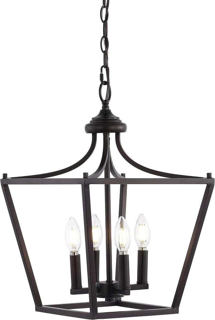 JONATHAN Y 13" Oil Rubbed Bronze 4-Light Iron Pendant Lantern, Midcentury Farmhouse Hanging Ceiling Light for Kitchen Island, Foyer, Entryway, Adjustable Chain, LED Bulbs Included (JYL7561A)