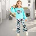 Toddler Girl Clothes Long Flare Sleeve Tops Bell Bottom Pants Baby Girls Clothing Sets Cartoon Graphic Outfit (3-4 Y, Blue)