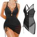 Popilush Shapewear Swimsuit Womens One Piece Swimsuits Tummy Control Swim Dress Slimming Bathing Suit Mesh Sheer Swimdress Black, Size Large
