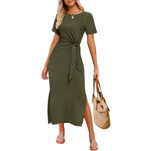 ZESICA Women's Summer Short Sleeve Bodycon Midi Dresses 2025 Casual Crewneck Knit Wrap Tie Waist T Shirt Long Dress (Army Green) XL ZESICA Women's Summer Short Sleeve Bodycon Midi Dresses 2025 Casual Crewneck Knit Wrap Tie Waist T Shirt Long Dress (Army Green) XL