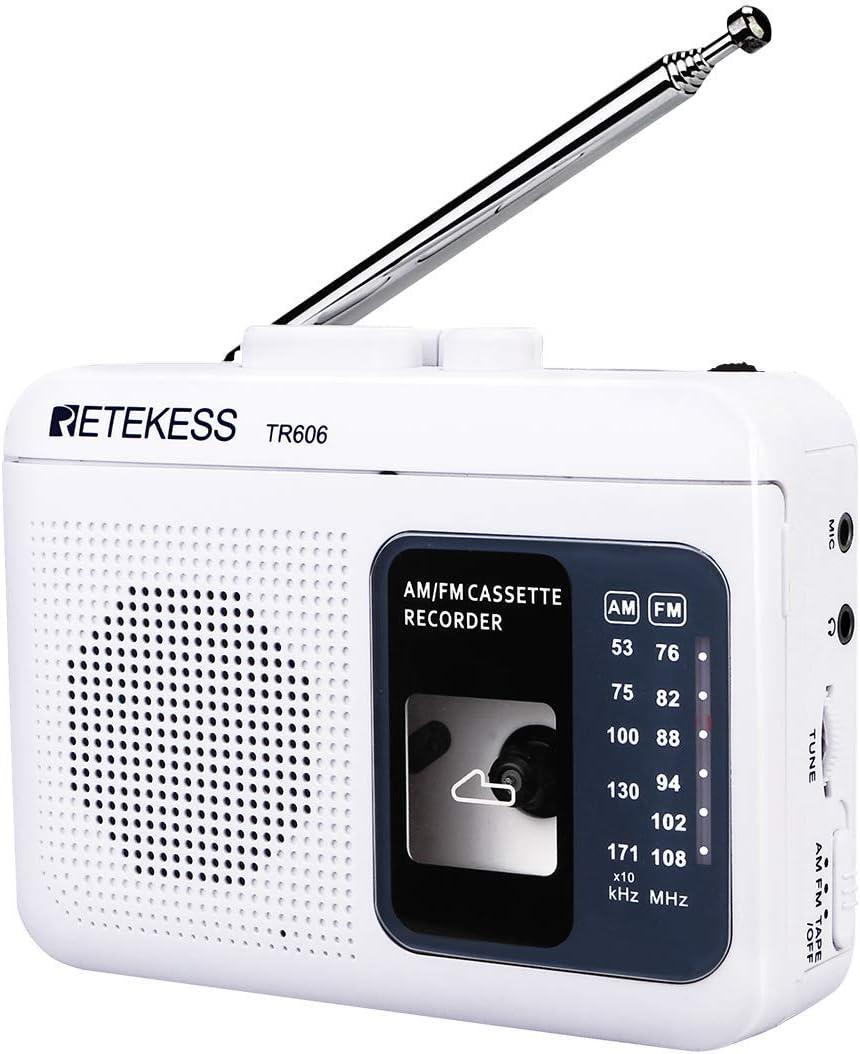 Retekess TR606 Cassette Tape Player, Cassette Player Recorder, Built-in Speaker, AUX/Microphone Jack, Support AUX Line in Record, AM FM Radio, Powered by DC or AA Battery (White)