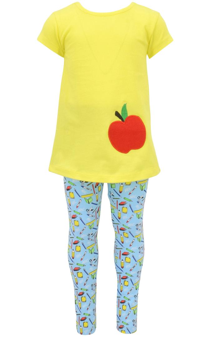 Unique Baby Girls Back to School Apple Embroidered 2 Piece Outfit (8) (Yellow)