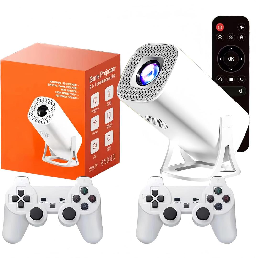 Mini Projector 1080P Support 4K , game projector with controllers, retro game console -projector Game With 2 Wireless Controllers, projector game Support Over 36, 000 Games ﻿(Game style)