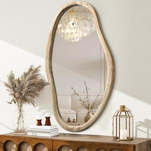 JJUUYOU Irregular Wood Mirror Asymmetrical Bathroom Wall Mounted Mirror 34"x22" Large Horizontal or Vertical Hanging Wall Mirrors for Makeup Bedroom Living Room Wood