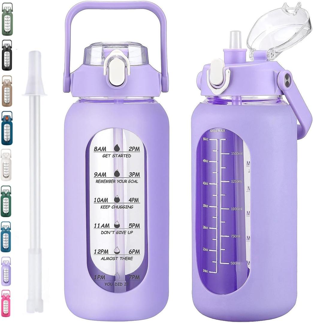 kytffu 64oz Glass Water Bottles with Straw, Half Gallon Motivational Glass Bottle with Silicone Sleeve and Time Marker, 2L Leakproof Large Glass Water Jug for Gym Home Office, Purple