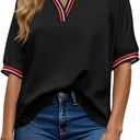 Tankaneo Womens Oversized T Shirt Casual V Neck Half Sleeve Color Block Work Tops Loose Fit Tunic Tees (Black, XXL)