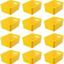 Yellow Plastic Organizer Baskets, 12-Pack Stackable Pantry Storage Baskets, Small Baskets for Shelves, Bathrooms, Kitchens, Laundry Room, Classrooms, Cabinets and Bedrooms