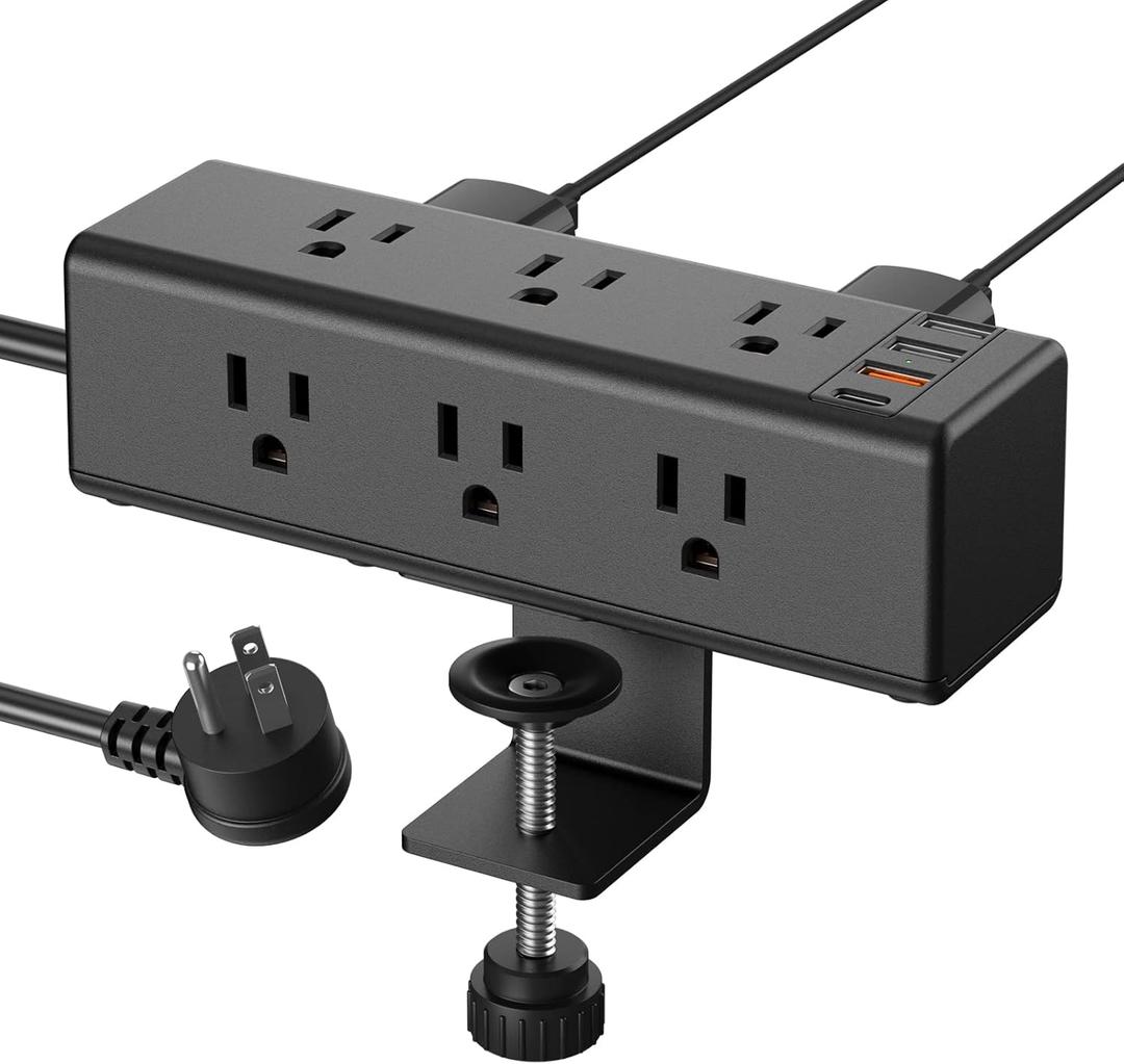 CCCEI Desk Clamp Power Strip with 9 Outlets, Desktop Edge Mount Surge Protector with USB-A and 45W USB-C Ports, Widely Spaced Desk Outlet Fast Charging Station, 6 FT Flat Plug, Fit 1.6 inch Table.