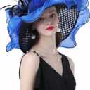 Women Derby Church Organza Flower Wedding Tea Party Fascinator Wide Brim Sun Hat (Blue)