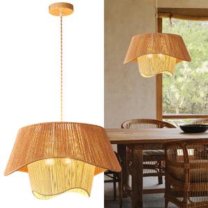 ADCTHOME Rattan Pendant Light Fixture, 3-Lights Boho Hanging Light Fixture,Hand-Woven Wicker Flush Mount Hanging Lamp, Adjustable Chandelier for Kitchen Island Dining Room Living Room Hallway
