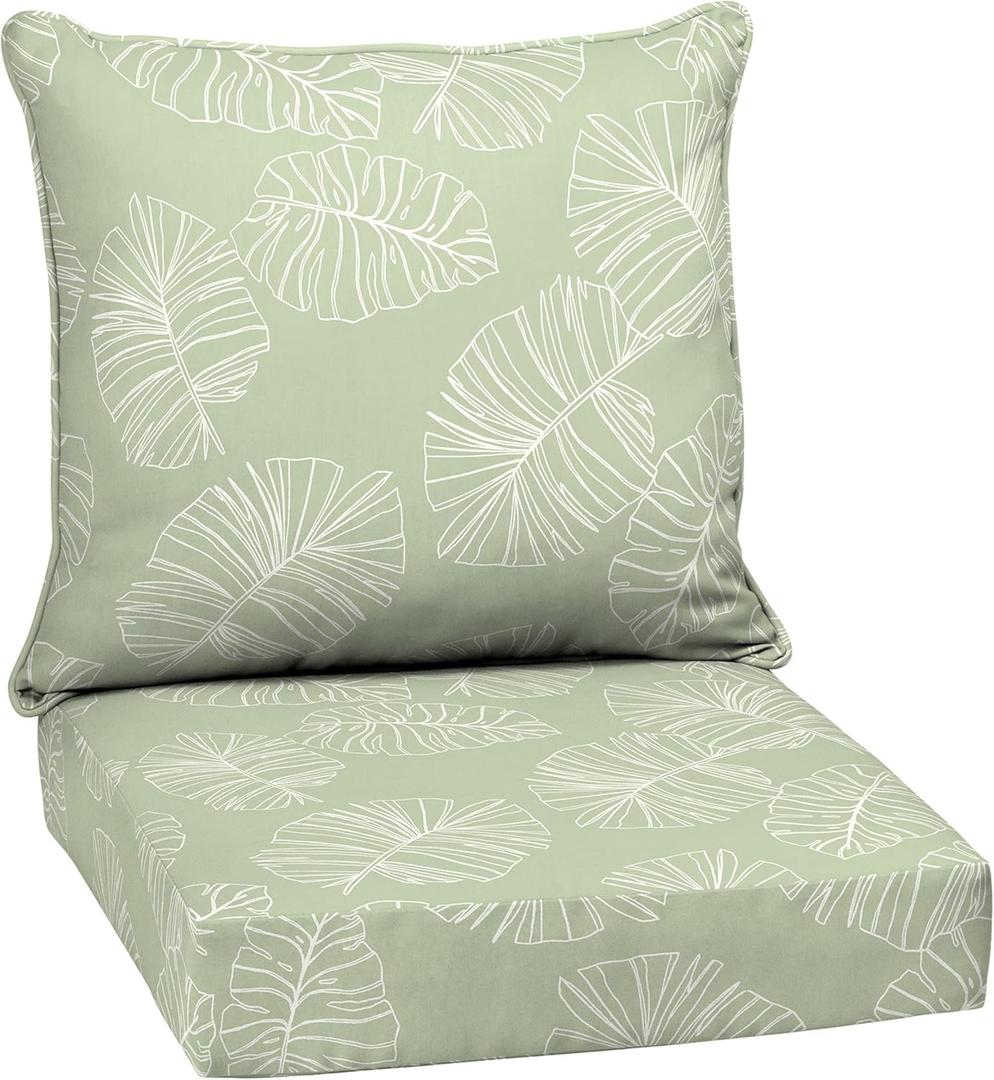 Arden Outdoor Deep Seat Cushion Set, 24 in x 24 in, Weather-Proof, Rain-Proof, Fade Resistant Patio Cushion for Chair, Sofa, and Couch Coastal Green Leaf