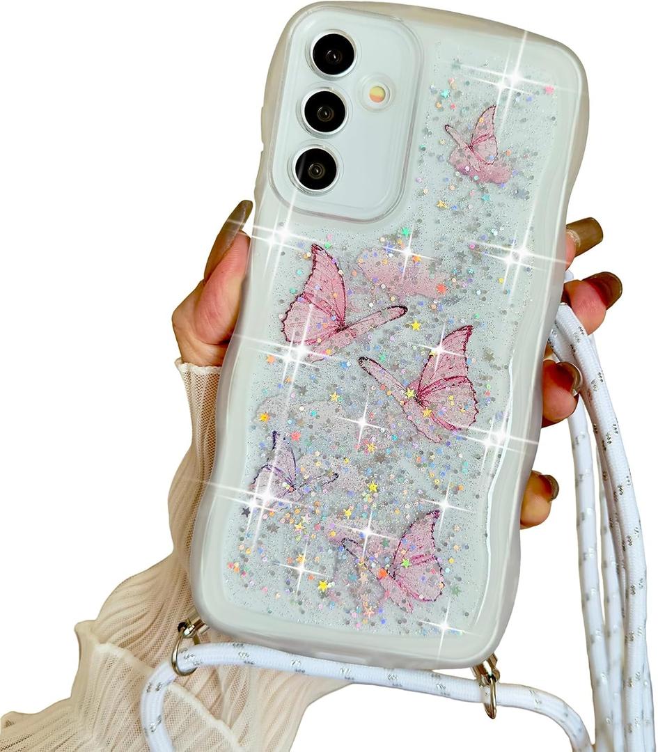 Crossbody Case for Samsung Galaxy S24 / S25 5G 6.2'' with Detachable Lanyard, Hands-Free Bling Glitter Silicone Clear Cute Butterfly Wave Woman Girls Cover with Adjustable Neck Rope, White