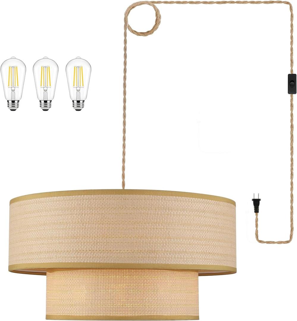 Plug in Pendant Light Rattan Hanging Lights with Plug in Cord 15FT Hemp Rope Cord, 18in Boho Plug in Chandelier for Dining Room, Living Room, Kitchen, Bedroom（Bulb Included）
