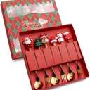 Christmas Cutlery Set of 6 Pieces - 3 Gold Spoons & 3 Forks, Stainless Steel Dessert Utensils with Gift Box for Holiday Party