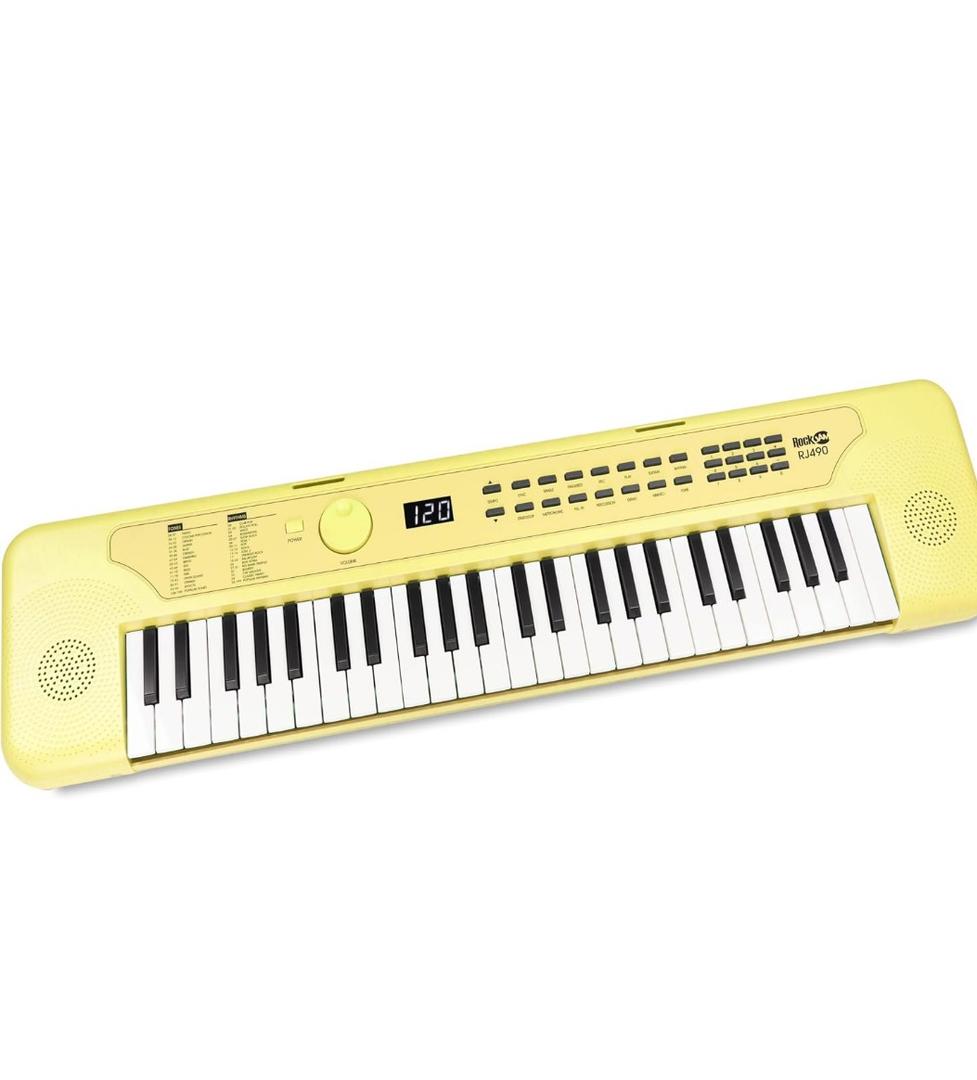 RockJam 49 Key Keyboard Piano, Portable Electronic Music Keyboard with Speakers, USB-C Power or Battery Operation, Headphone Input, 200 Tones, 200 Rhythms, Note Stickers & Lessons, Compact