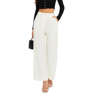 FUNYYZO Wide Leg Pants Women's High Elastic Waisted in The Back Business Work Trousers Long Straight Suit Pants (X-Large Long, 006# White (Thick))