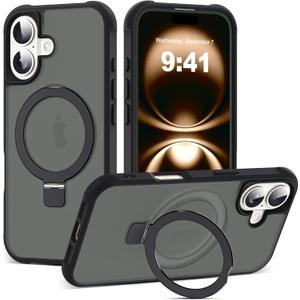 Compatible with iPhone 16 Case with Invisible Magnetic O-Ring Stand Military-Grade Translucent Case for iPhone 16 6.1" [Compatible with Mag-Safe][Great Grip Feeling], Black