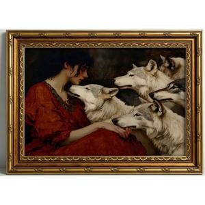 Large Framed Women and Wolves Dark Romantic Girl Wolf Canvas Wall Art, 36"L x 24"W