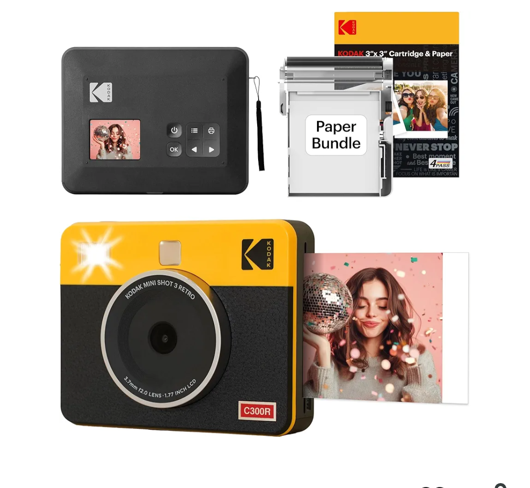 KODAK Mini Shot 3 Retro 4PASS 2in1 Instant Digital Camera and Photo Printer (3x3 inches) Initial 8 Sheets + 30 Sheets Cartridge Bundle, Yellow (NOT Zink)